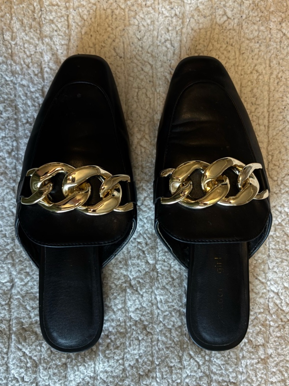 Madden Girl Black Leather Slip-On Mules with Oversized Gold Chain